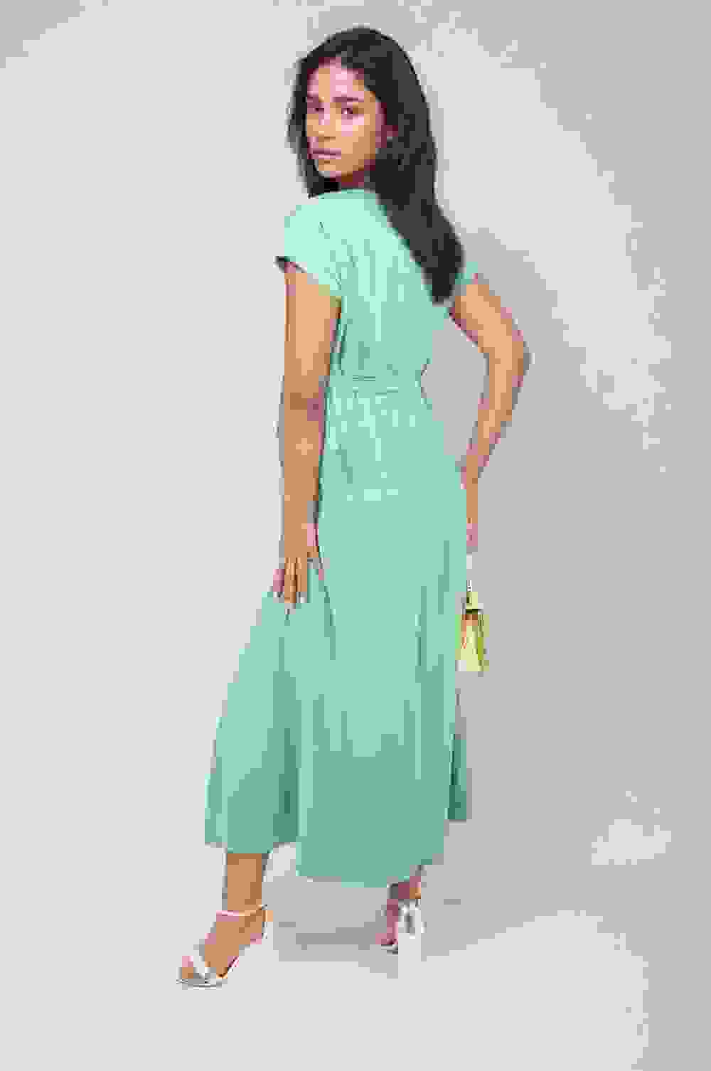 Francesca Wrap Tie Waist Short Sleeve Midi Dress – SM Green Francesca Wrap Tie Waist Short Sleeve Midi Dress – SM Green