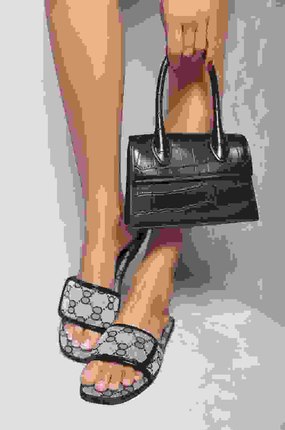 Josie Woven Print Front Strap Flat Sandals – grey Josie Woven Print Front Strap Flat Sandals – grey