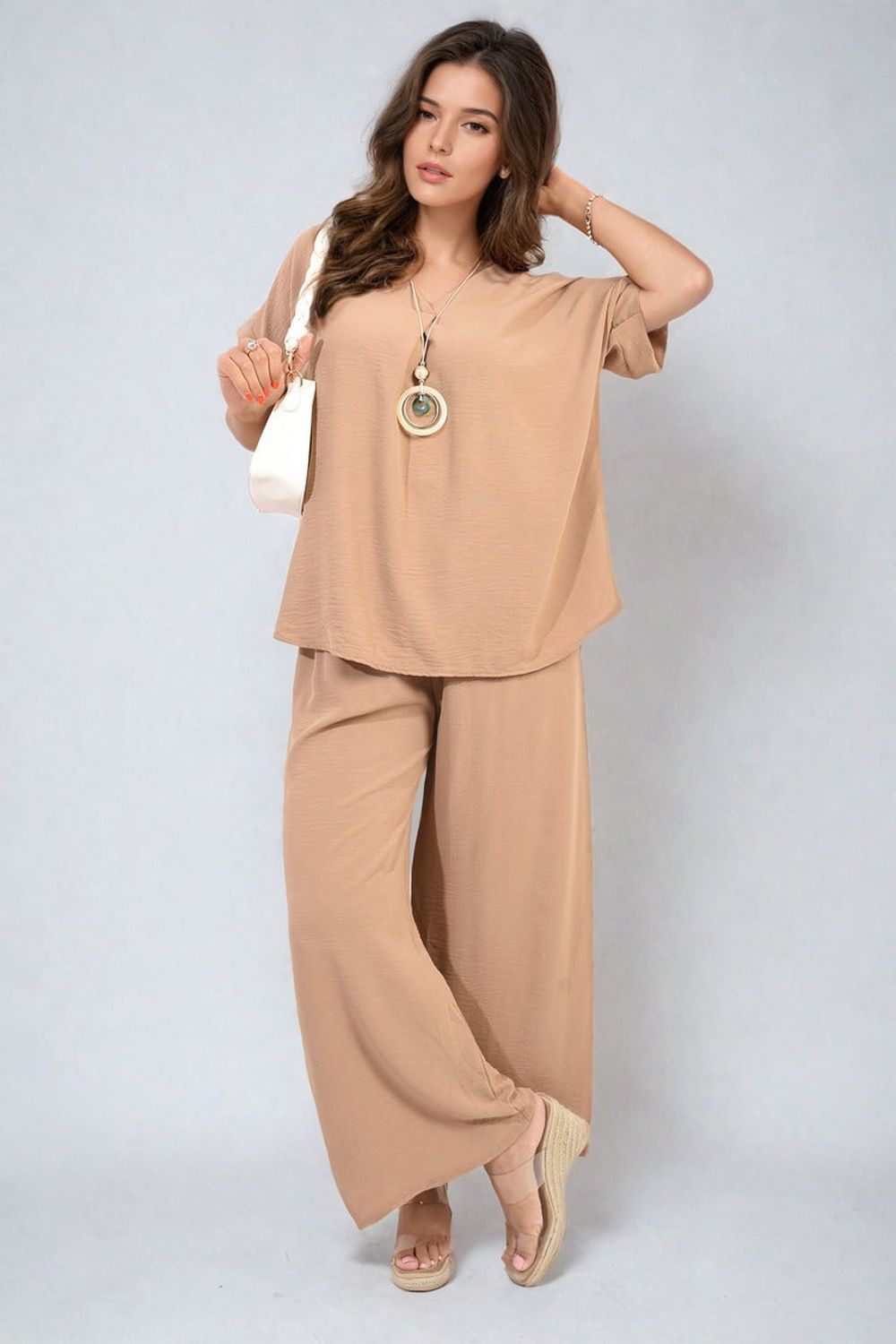 Effortlessly Chic V-Neck Top & Wide Leg Trousers Set – Premium Quality – Various Sizes & Colors – ML Mocha Effortlessly Chic V-Neck Top & Wide Leg Trousers Set – Premium Quality – Various Sizes & Colors – ML Mocha