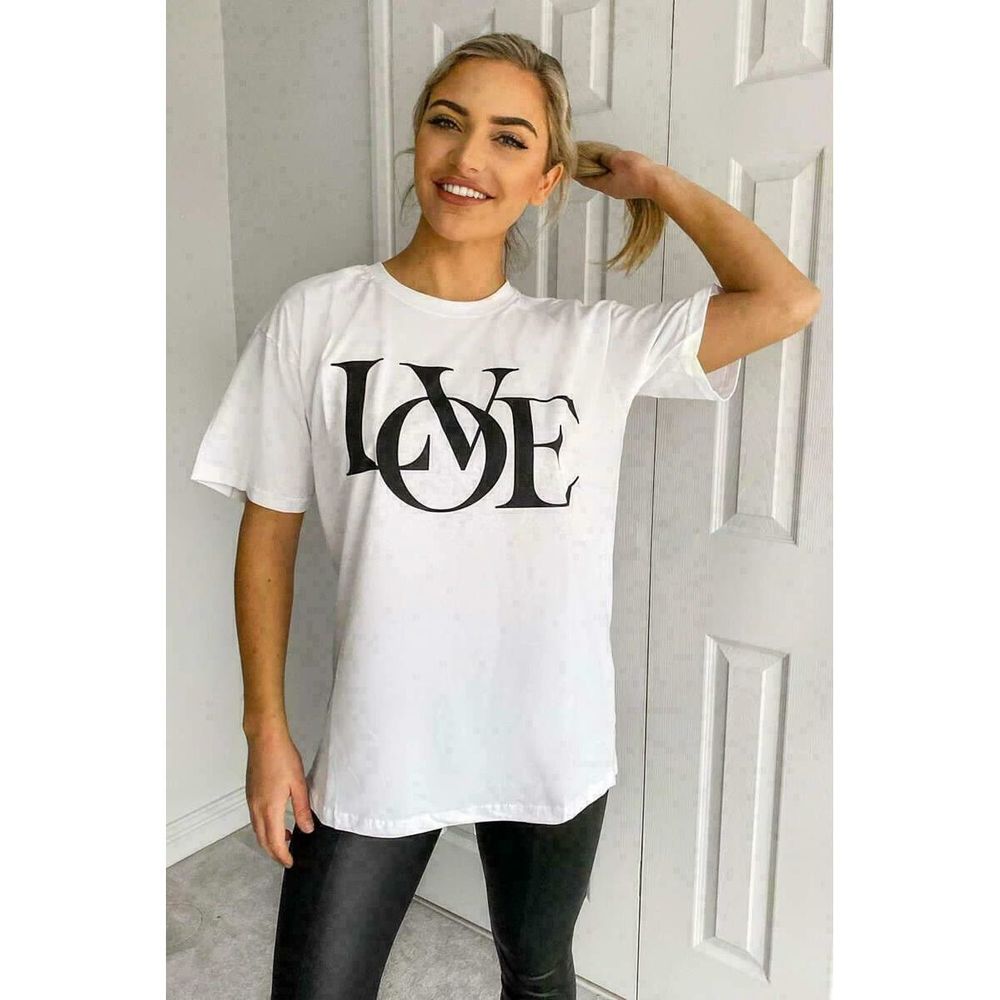 Ladies Oversized Love Print Slogan Short Sleeves T Shirt Top – White Ladies Oversized Love Print Slogan Short Sleeves T Shirt Top – White
