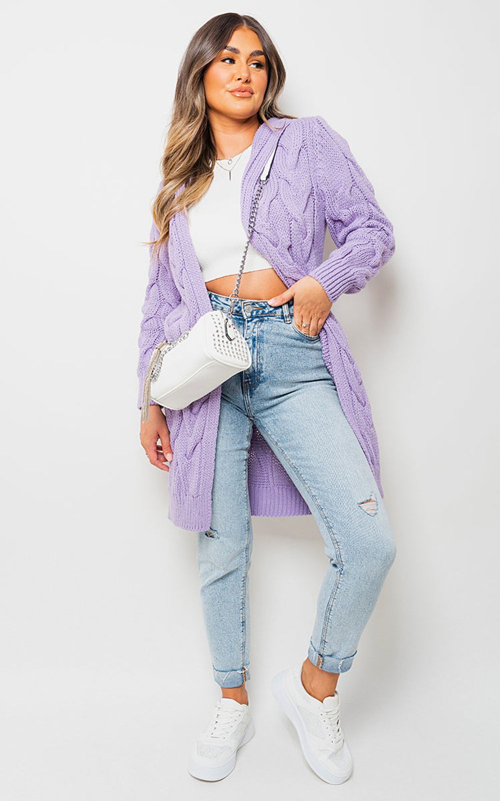 Chunky Cable Knitted Oversized Longline Hooded Cardigan – SM LILAC Chunky Cable Knitted Oversized Longline Hooded Cardigan – SM LILAC