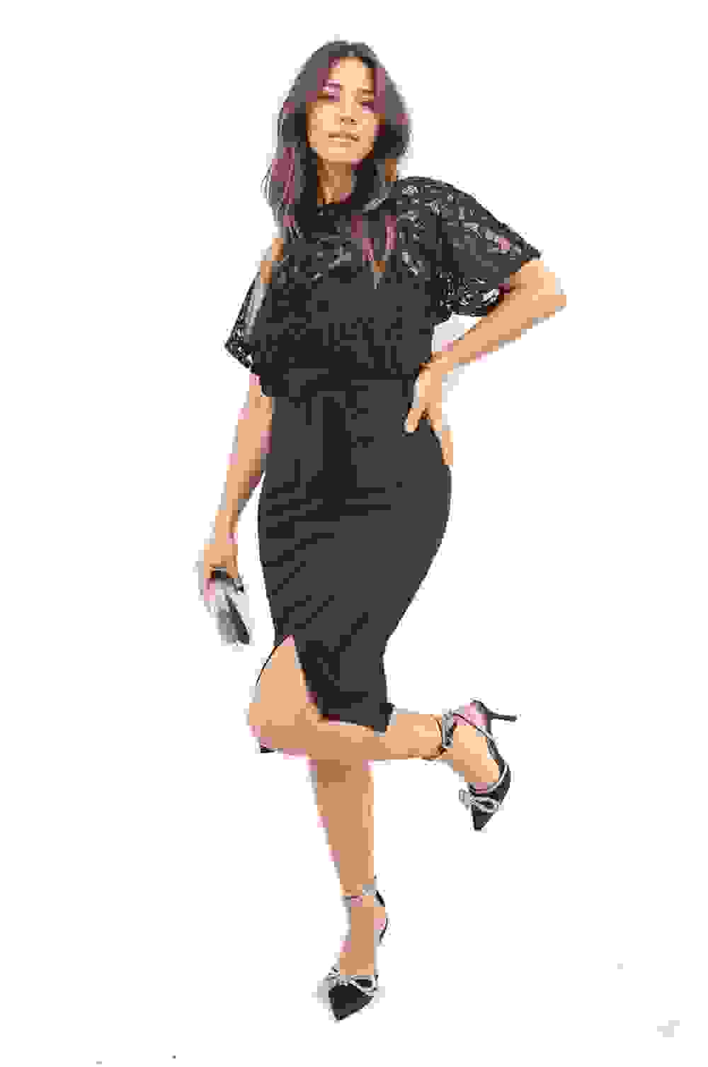 Norah Floral Lace Sleeve Tie Waist Midi Dress – Black Norah Floral Lace Sleeve Tie Waist Midi Dress – Black