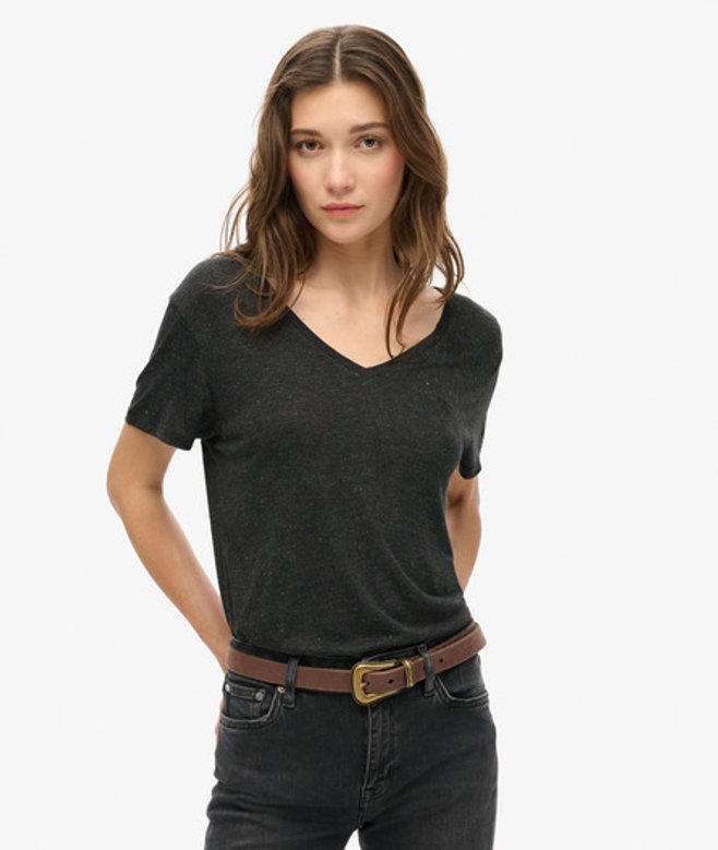 Superdry & Co Ladies Classic Embroidered Studios Slub V-Neckline Shirt, Black, Size: Superdry & Co Ladies Classic Embroidered Studios Slub V-Neckline Shirt, Black, Size: