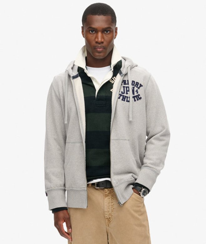 Superdry & Co Men’s Embroidered Vintage Athletic Zip Hoodie, Light Grey, Size: