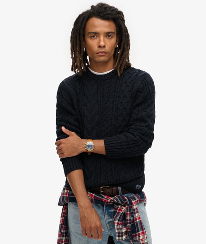 Superdry & Co Men’s Cable Knit Jacob Jumper, Navy Blue, Size: