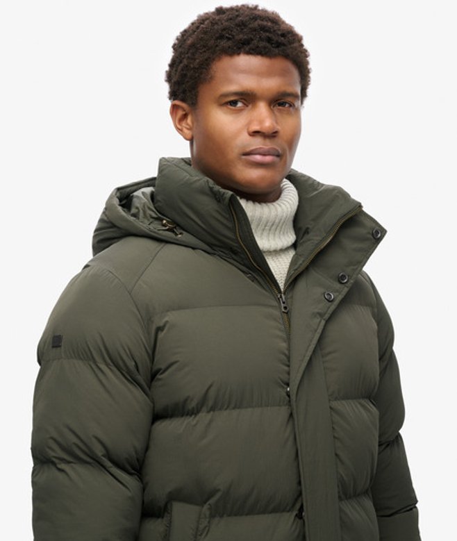 Superdry & Co Men’s Hooded Long Puffer Jacket Green Surplus Goods Olive Green – Size: Superdry & Co Men’s Hooded Long Puffer Jacket Green Surplus Goods Olive Green – Size: