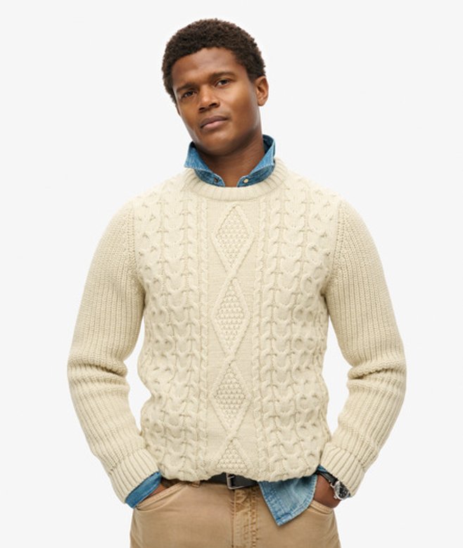 Superdry & Co Men’s Cable Knit Jacob Jumper, Cream, Size: Superdry & Co Men’s Cable Knit Jacob Jumper, Cream, Size: