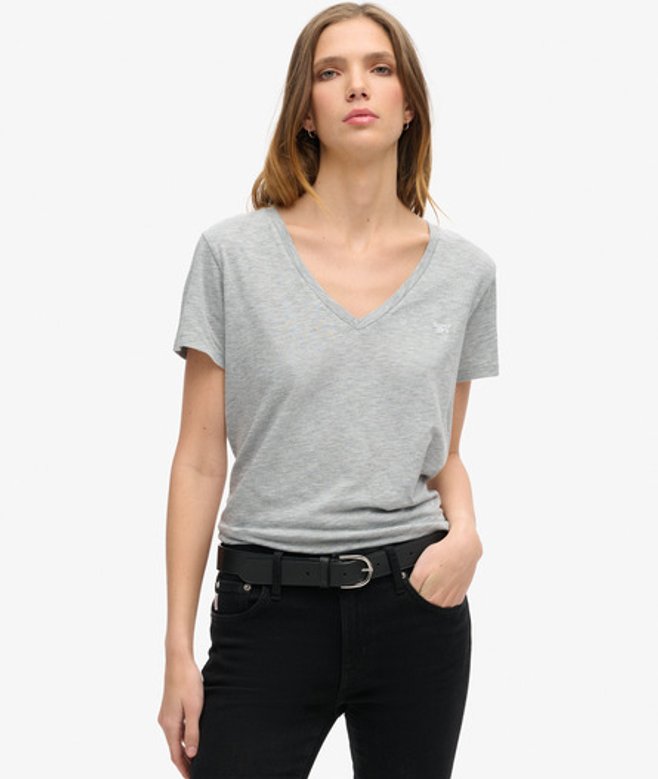 Superdry & Co Ladies Classic Embroidered Slub V-Neck Shirt, Grey, Size: Superdry & Co Ladies Classic Embroidered Slub V-Neck Shirt, Grey, Size: