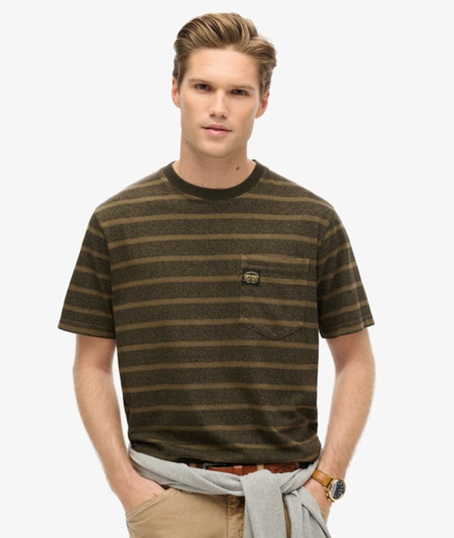 Superdry & Co Mens Loose Fit Striped Textured Pocket Shirt, Green, Size: