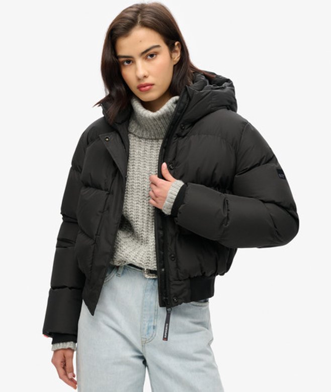 Superdry & Co Ladies Slim Fit Hooded Sports Puffer Bomber Jacket, Black, Size: Superdry & Co Ladies Slim Fit Hooded Sports Puffer Bomber Jacket, Black, Size: