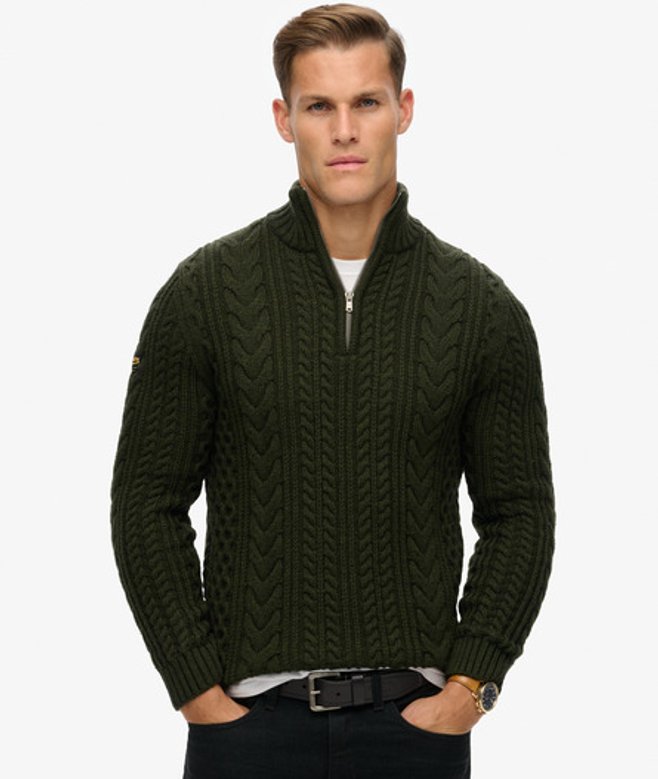 Superdry & Co Men’s Vintage Jacob Cable Knit Half Zip Jumper Green Surplus Goods Olive – Size: Xxl