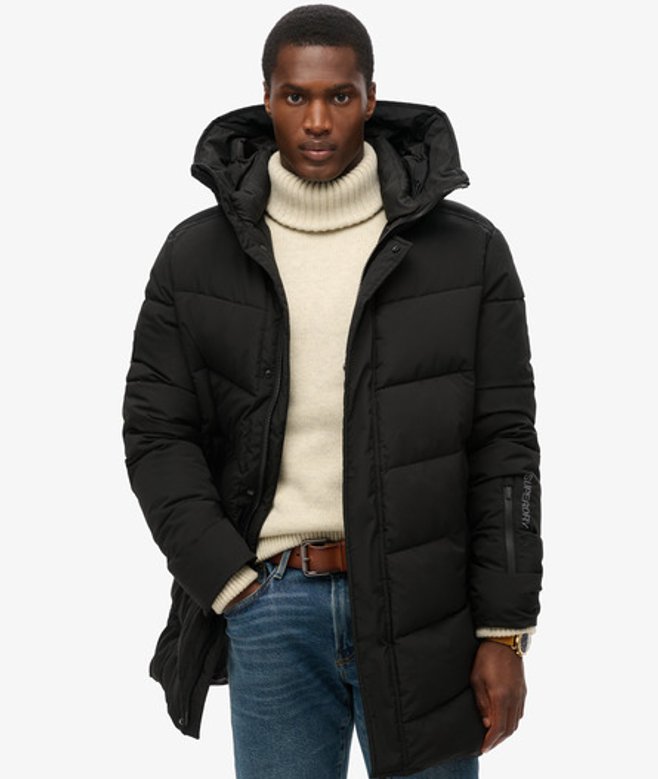 Superdry & Co Mens Loose Fit Embroidered City Chevron Padded Parka Coat, Black, Size: Superdry & Co Mens Loose Fit Embroidered City Chevron Padded Parka Coat, Black, Size: