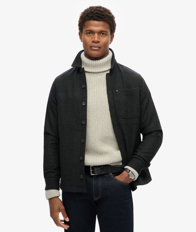 Superdry Men’s Wool Merchant Texture Overshirt, Black, Size: