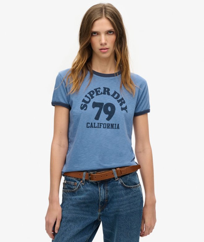 Ladies Slim Fit Graphic Print Athletic Essentials Beach Ringer Shirt, Blue, Size: Ladies Slim Fit Graphic Print Athletic Essentials Beach Ringer Shirt, Blue, Size: