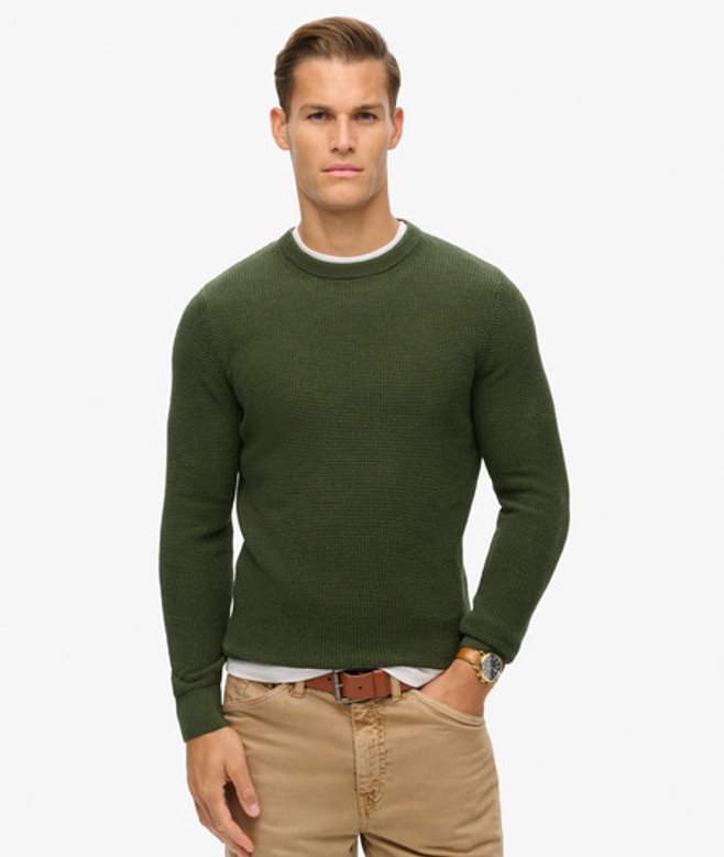 Superdry & Co Men’s Textured Crew Knitted Jumper Green Olive Heather – Size: Superdry & Co Men’s Textured Crew Knitted Jumper Green Olive Heather – Size:
