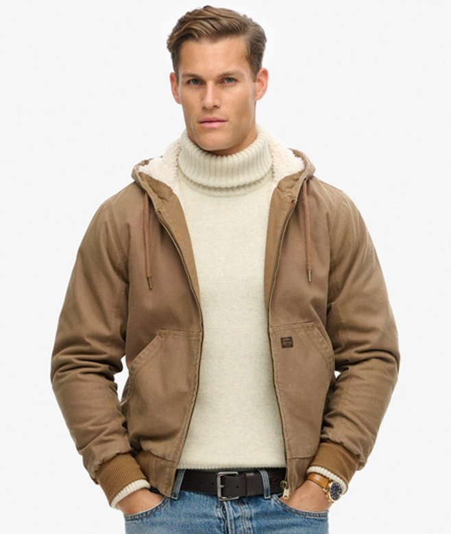 Superdry & Co Men’s Vintage Workwear Hooded Bomber Jacket Brown Denim Co Tobacco – Size: Superdry & Co Men’s Vintage Workwear Hooded Bomber Jacket Brown Denim Co Tobacco – Size: