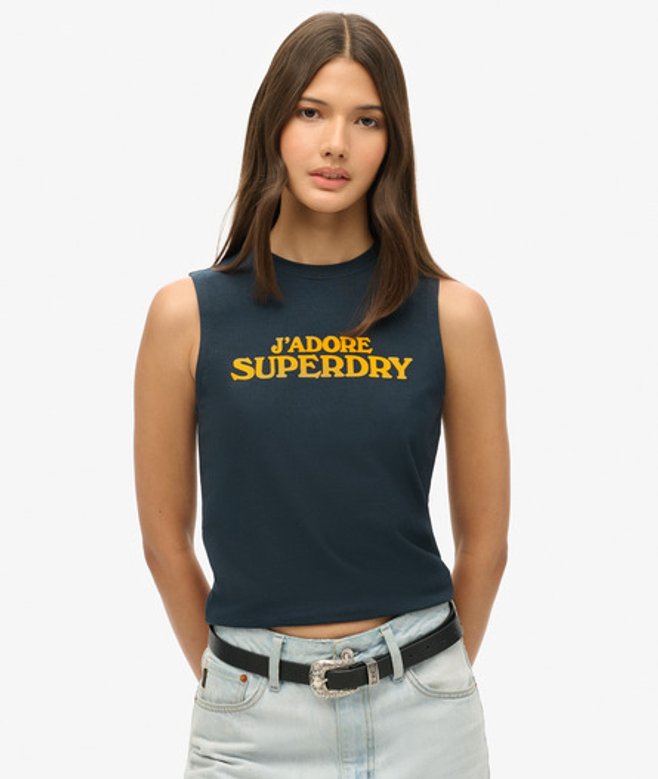 Superdry & Co Ladies Slim Fit Logo Print Sport Luxe Graphic Fitted Tank Top, Navy Blue, Size: Superdry & Co Ladies Slim Fit Logo Print Sport Luxe Graphic Fitted Tank Top, Navy Blue, Size:
