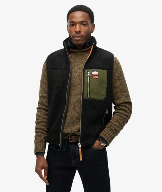 Superdry & Co Men’s Vintage Retro Borg Fleece Gilet Blackgreen Black – Size: Superdry & Co Men’s Vintage Retro Borg Fleece Gilet Blackgreen Black – Size: