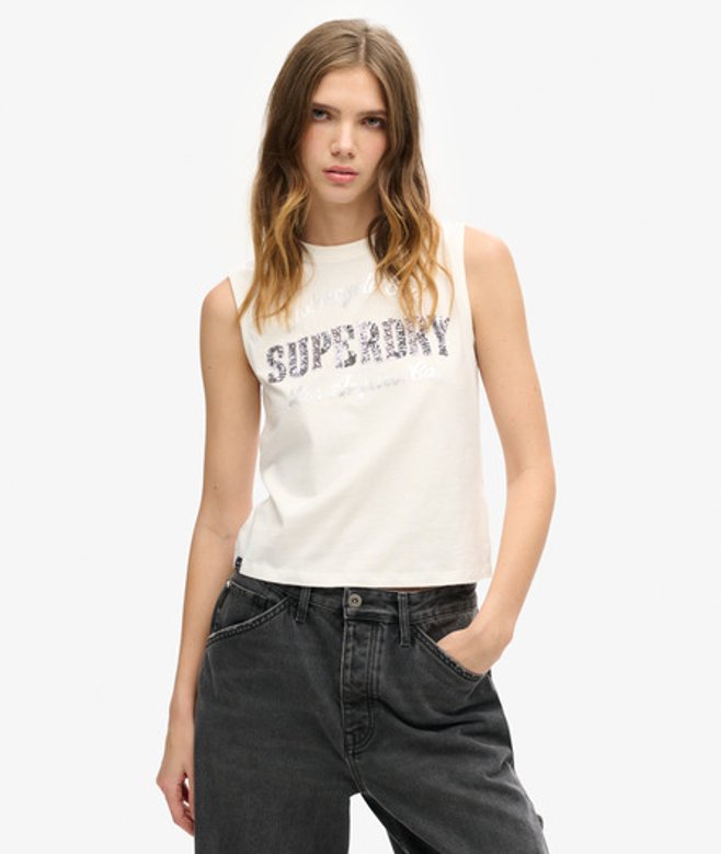 Superdry & Co Ladies Embellished Archive Fitted Tank Top, Cream, Size: Superdry & Co Ladies Embellished Archive Fitted Tank Top, Cream, Size: