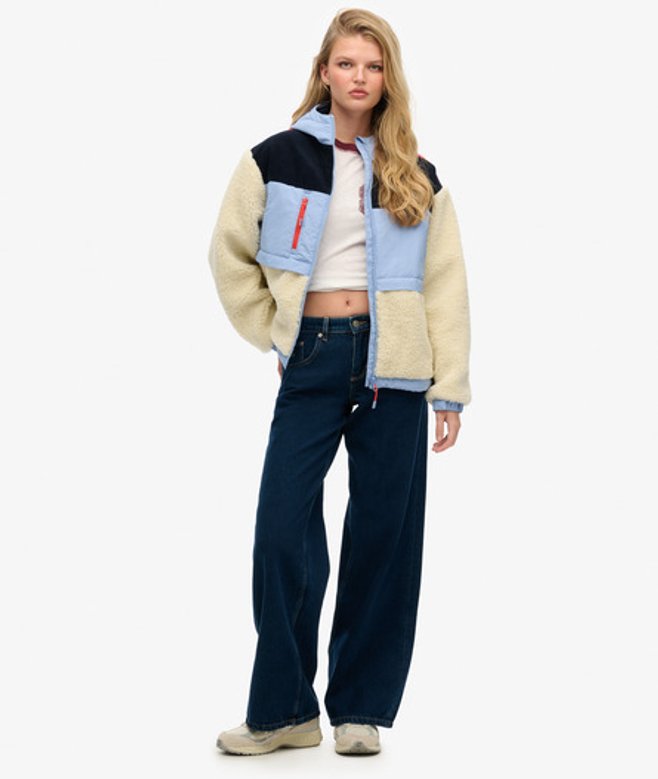 Superdry & Co Ladies Classic Colourblock Hooded Fleece Jacket, Cream and Blue, Size: Superdry & Co Ladies Classic Colourblock Hooded Fleece Jacket, Cream and Blue, Size: