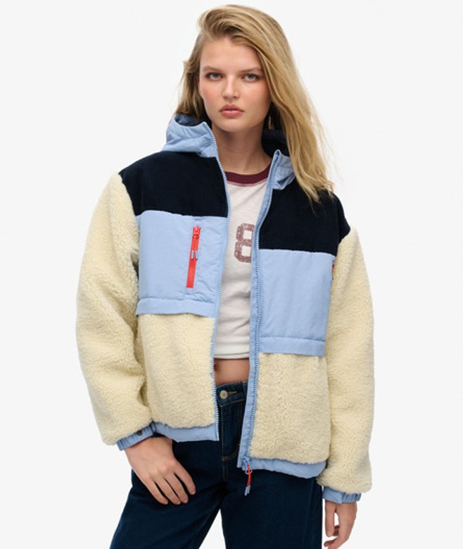 Superdry & Co Ladies Classic Colourblock Hooded Fleece Jacket, Cream and Blue, Size: Superdry & Co Ladies Classic Colourblock Hooded Fleece Jacket, Cream and Blue, Size: