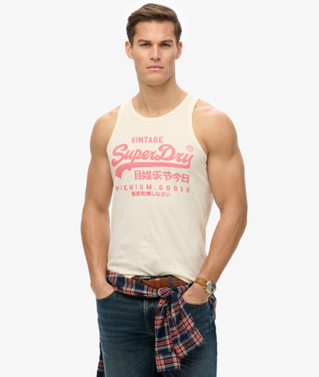 Superdry & Co Mens Slim Fit Classic Vintage Logo Heritage Vest Top, Cream, Size: