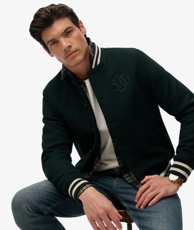 Superdry & Co Men’s Varsity Monogram Wool Blend Bomber Jacket Green Green Wool – Size: Xxxl