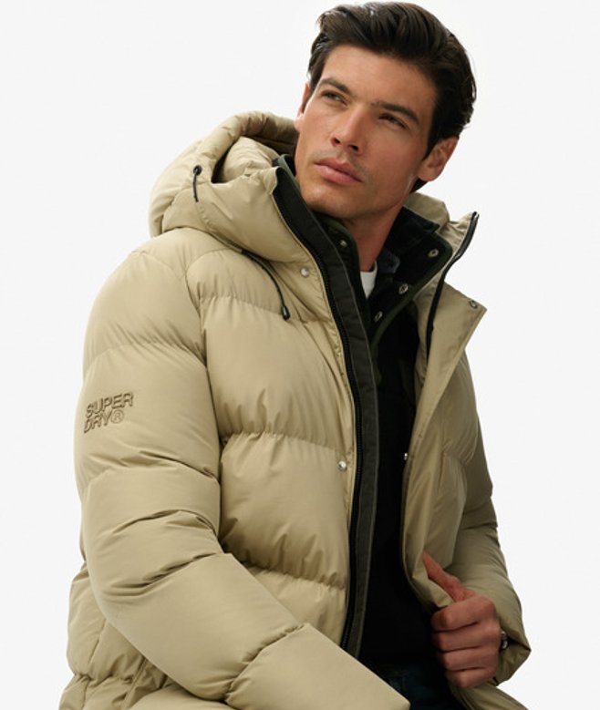 Superdry & Co Men’s Hooded Mid Length Sports Puffer Jacket Beige Winter Twig Beige – Size: