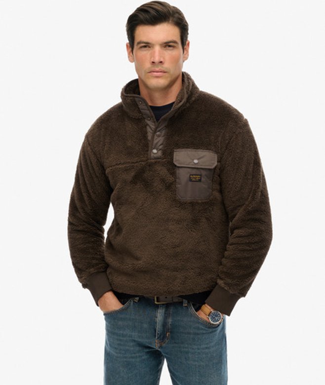 Superdry & Co Men’s High Pile Fleece Henley Jumper Brown Slate Brown – Size: