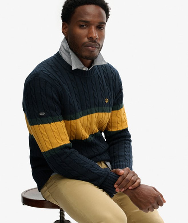 Superdry & Co Men’s Cotton Stripe Cable Jumper Navy Eclipse Navytrack Gold – Size: Superdry & Co Men’s Cotton Stripe Cable Jumper Navy Eclipse Navytrack Gold – Size: