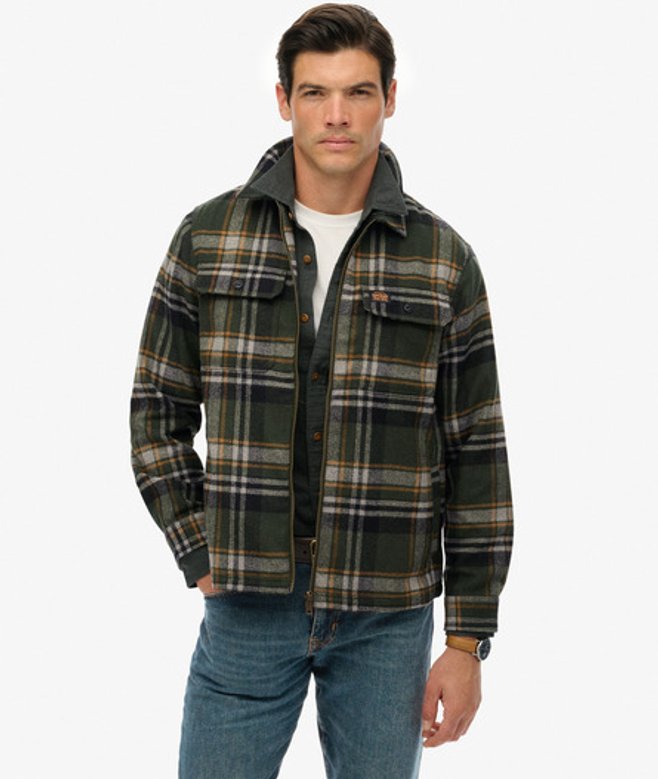Superdry & Co Men’s Wool Blend Miller Zip Overshirt Green Buckshot Check Olive – Size: Superdry & Co Men’s Wool Blend Miller Zip Overshirt Green Buckshot Check Olive – Size: