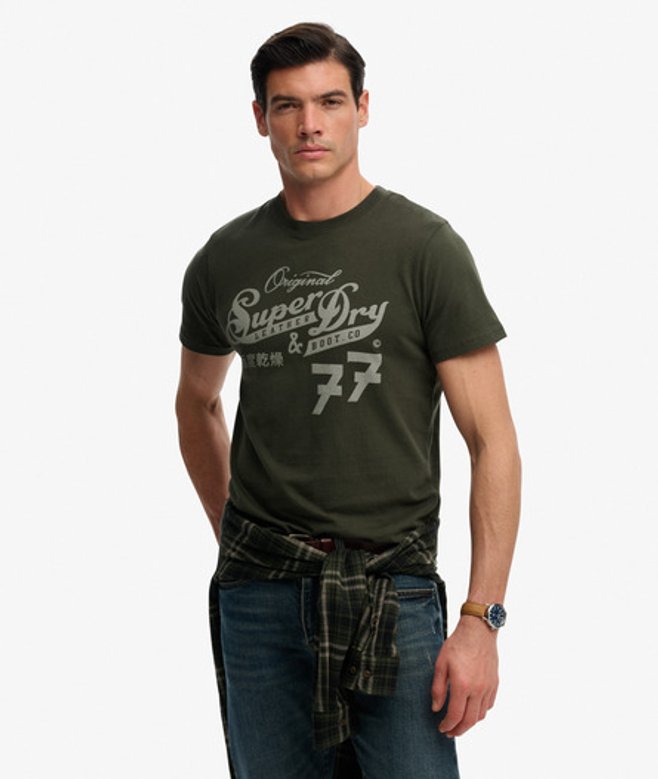 Superdry & Co Men’s Leather & Boot Co Script shirt Green Surplus Goods Olive Green – Size: