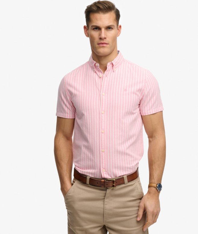 Superdry & Co Men’s Preppy Oxford Short Sleeve Shirt Pink Cali Coraloptic Stripe – Size: Superdry & Co Men’s Preppy Oxford Short Sleeve Shirt Pink Cali Coraloptic Stripe – Size: