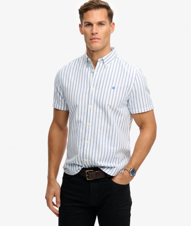 Superdry & Co Men’s Preppy Oxford Short Sleeve Shirt Blue Blue Beach Stripe – Size: Superdry & Co Men’s Preppy Oxford Short Sleeve Shirt Blue Blue Beach Stripe – Size: