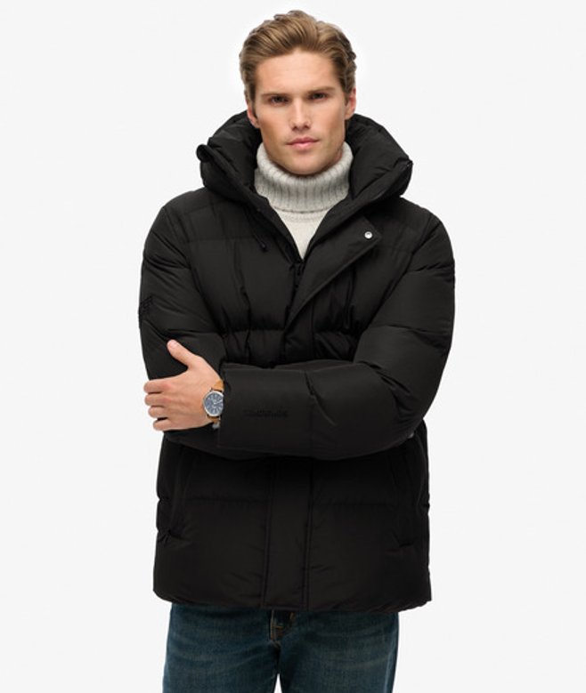 Superdry & Co Men’s Hooded Mid Length Sports Puffer Jacket Black – Size: Superdry & Co Men’s Hooded Mid Length Sports Puffer Jacket Black – Size: