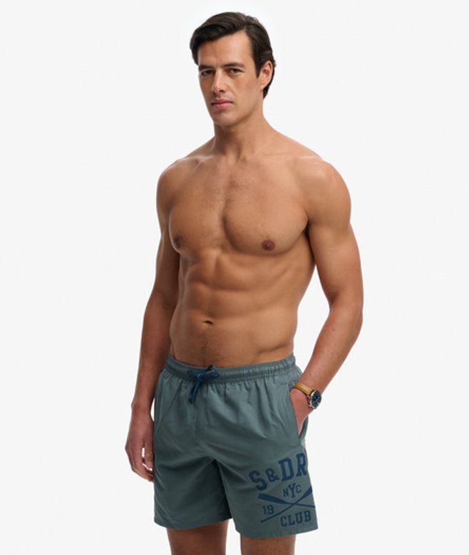 Superdry & Co Men’s Printed Logo -Inch Swim Shorts Blue Stormy Weather Blue – Size: