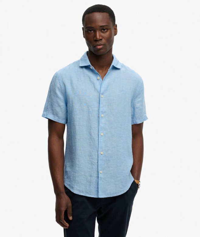 Superdry & Co Men’s Riviera Short Sleeve Linen Shirt Light Blue Sky Blue Chambray – Size: Superdry & Co Men’s Riviera Short Sleeve Linen Shirt Light Blue Sky Blue Chambray – Size: