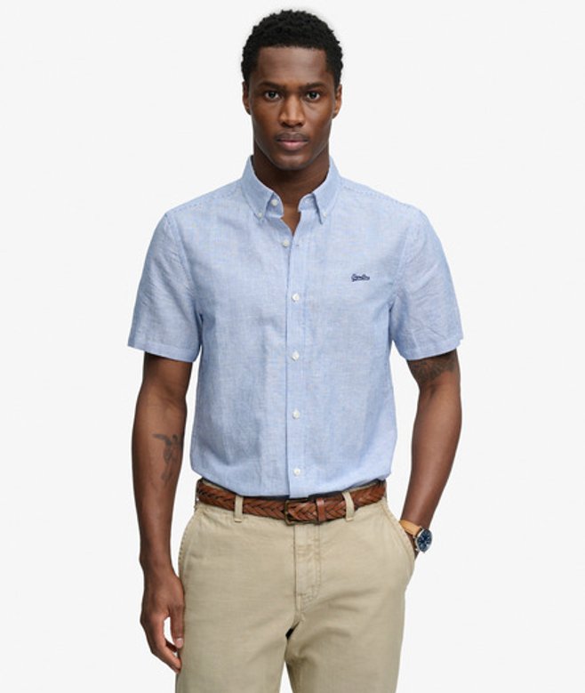 Superdry & Co Men’s Cotton Linen Short Sleeve Shirt Blue Azure Blue Stripe Oxford – Size: Superdry & Co Men’s Cotton Linen Short Sleeve Shirt Blue Azure Blue Stripe Oxford – Size: