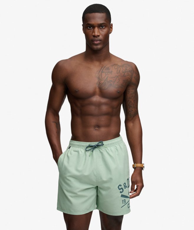 Superdry & Co Men’s Printed Logo -Inch Swim Shorts Green Cameo Green – Size: