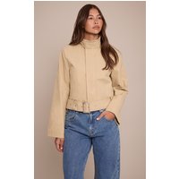 Beige Cropped Belted Biker Jacket