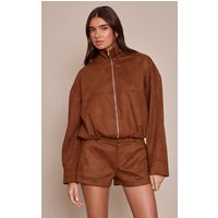 Tan Faux Suede Funnel Neck Zip Up Jacket Tan Faux Suede Funnel Neck Zip Up Jacket