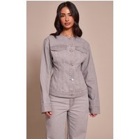 Petite Washed Grey Neck Detail Button Up Denim Shirt