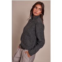 Dark Grey Zip Up Pocket Detail Knitted Cardigan Sweater Dark Grey Zip Up Pocket Detail Knitted Cardigan Sweater