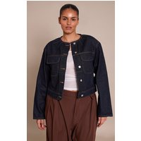 Plus Raw Indigo Wash Collarless Detail Denim Jacket Plus Raw Indigo Wash Collarless Detail Denim Jacket