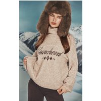 Beige Marl Slogan Oversized Roll Neck Jumper