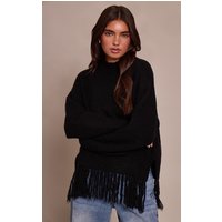 Black Round Neck Fringe Hem Oversized Jumper