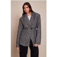 Grey Herringbone Gathered Ced Waist Blazer