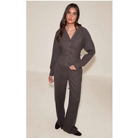 Dark Brown Soft Ribbed Low Rise Wide Leg Trousers Dark Brown Soft Ribbed Low Rise Wide Leg Trousers