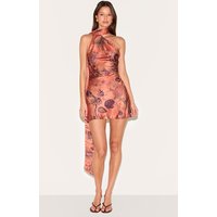Orange Floral Printed Satin Scarf Detail Bodycon Dress Orange Floral Printed Satin Scarf Detail Bodycon Dress