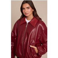 Red Quilted Collar Detail Faux Leather Bomber Jacket